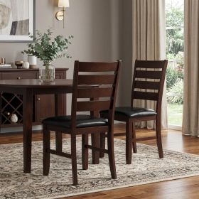 Set of Two Black And Brown Faux Leather Wood Slat Back Dining Side Chairs