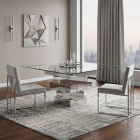 59" Clear And Gray Square Glass And Solid Wood Pedestal Base Dining Table
