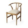 Beige And Brown Upholstered Fabric Wishbone Back