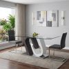 71" Clear And White and Gray Glass And Stainless Steel Pedestal Base Dining Table