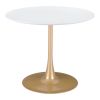 35" White and Gold Wood and Steel Pedestal Base Round Top Dining Table