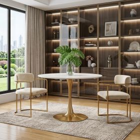 35" White and Gold Wood and Steel Pedestal Base Round Top Dining Table