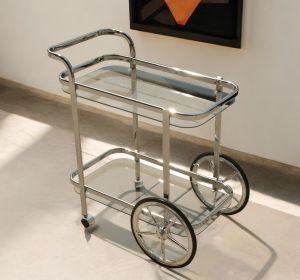 28" Silver Metal And Glass Rolling Trolley Bar Cart
