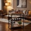 Brown and Black Metal And Solid Wood Rolling Bar Cart With Wine Storage