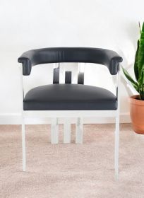 Black and Silver Upholstered Faux Leather Slat Back Dining Arm Chair