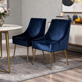 Set of Two Blue Gold Velvet Dining Chairs