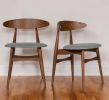 Set of Two Gray and Brown Upholstered Fabric Wishbone Back Dining Side Chairs