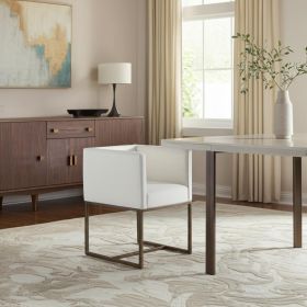 Off White and Antiqued Brass Upholstered Fabric Dining Arm Chair