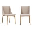 Set of Two Beige and Antiqued Brass Upholstered Fabric Wing Back Dining Side Chairs