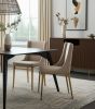 Set of Two Beige and Antiqued Brass Upholstered Fabric Wing Back Dining Side Chairs