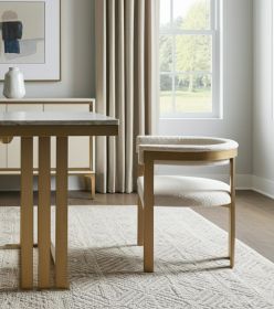 Beige and Gold Upholstered Velvet Slat Back Dining Arm Chair