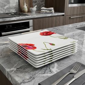 Red and White Six Piece Square Floral Bone China Service For Six Dinner Plate Set