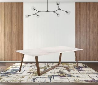 87" White and Brown Faux Marble and Solid Wood Trestle Base Dining Table