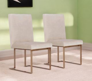 Set of Two Beige And Brass Upholstered Velvet Dining Side Chairs