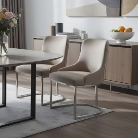 Set of Two Tufted Beige and Silver Upholstered Velvet Dining Side Chairs