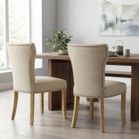 Set of Two Ivory and Natural Upholstered Fabric Dining Parsons Chairs