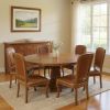Seven Piece Brown Round Solid Wood Dining Set with Six Chairs