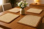19" Set of Four Cream Yellow And Natural Striped Cotton And Jute Placemats