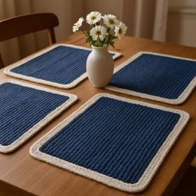 19" Set of Four Navy Blue And Natural Solid With Border Cotton Placemats