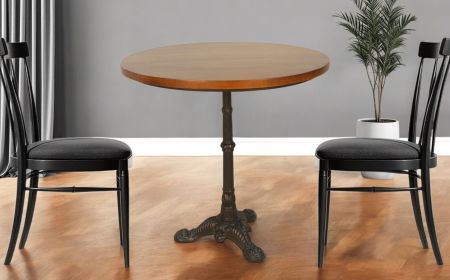 30" Chestnut And Black Rounded Solid Wood And Iron Pedestal Base Dining Table