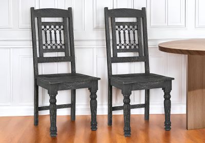 Set of Two Black Wood Slat Back Dining Side Chairs