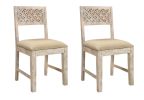 Set of Two Brown And White Upholstered Fabric Carved Back Dining Side Chairs