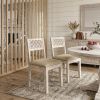 Set of Two Brown And White Upholstered Fabric Carved Back Dining Side Chairs