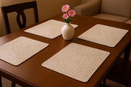 15" Set of Four Ivory And Natural Jute Square Placemats