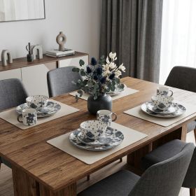 Gray and Ivory Sixteen Piece Round Floral Ceramic Service For Four Dinnerware Set