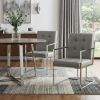 Set of Two Tufted Light Gray and Silver Metallic Upholstered Faux Leather Dining Arm Chairs