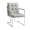 Set of Two Tufted Light Gray and Silver Metallic Upholstered Faux Leather Dining Arm Chairs