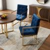 Set of Two Tufted Navy Blue and Gold Upholstered Velvet Dining Arm Chairs