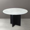 48" White and Black Marble and Solid Wood Pedestal Base Round Top Dining Table