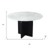 48" White and Black Marble and Solid Wood Pedestal Base Round Top Dining Table