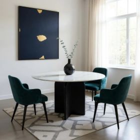 48" White and Black Marble and Solid Wood Pedestal Base Round Top Dining Table