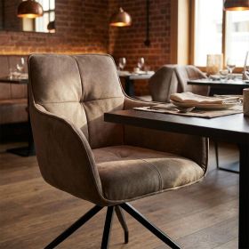 Dark Brown And Black Fabric And Metal Swivel Dining Arm Chair