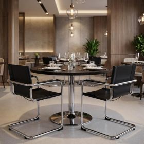 Set of Two Black and Silver Metal and Leather Dining Arm Chairs