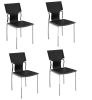 Set of Four Black and Silver Metal and Leather Partially Open Back Dining Side Chairs