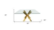 60" Clear and Gold Glass and Metal Cross Leg Base Square Dining Table