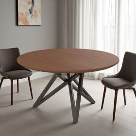 47" Brown and Gray Wood and Stainless Steel Cross Leg Base Round Top Dining Table
