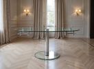 40" Clear and Silver Glass and Metal Self-Storing Leaf Motion Extendable Dining Table