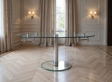 40" Clear and Silver Glass and Metal Self-Storing Leaf Motion Extendable Dining Table