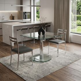 50" Clear And Silver Glass And Metal Self-Storing Leaf Pedestal Base Extendable Dining Table