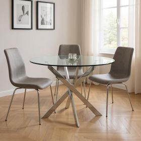 48" Clear and Silver Glass and Metal Cross Leg Base Round Top Dining Table