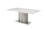 72" Gray White and Silver Marble and Stainless Steel Pedestal Base Dining Table