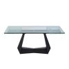 71" Clear and Black Glass and Metal Self-Storing Leaf Sled Base Extendable Dining Table