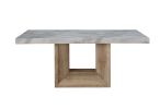70" White and Natural Faux Marble and Wood Pedestal Base Dining Table