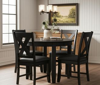 Five Piece Black Round Wood Dining Set with Four Chairs