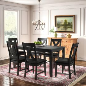 Seven Piece Black Wood Dining Set with Six Chairs