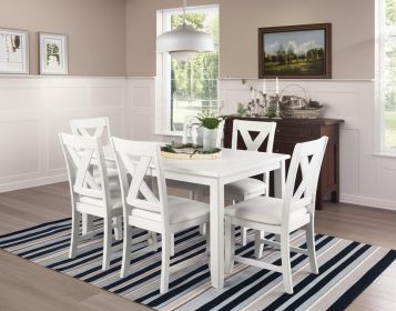 Seven Piece White Wood Dining Set with Six Chairs